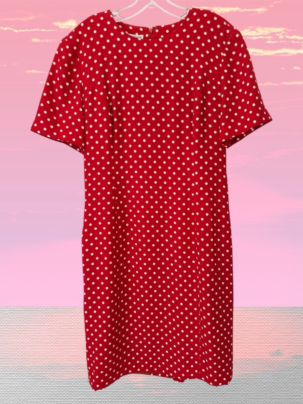 Liz Claiborne Red Polka Dot Shift Dress, Short Sleeve, Lined, Back Zip, Sz 12